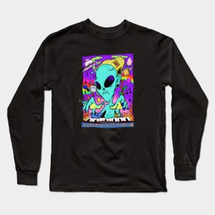 Dope space alien character rocking piano keyboard illustration Long Sleeve T-Shirt